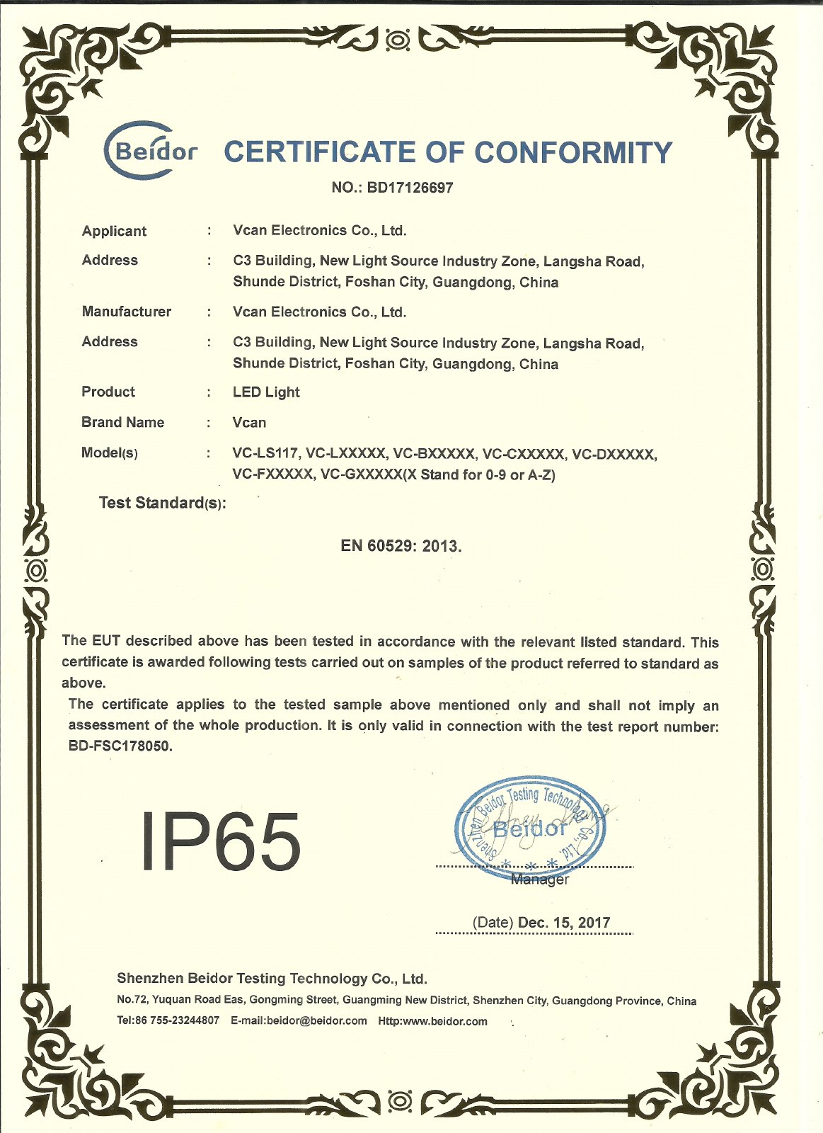 IP65 Waterproof Certificate document preview