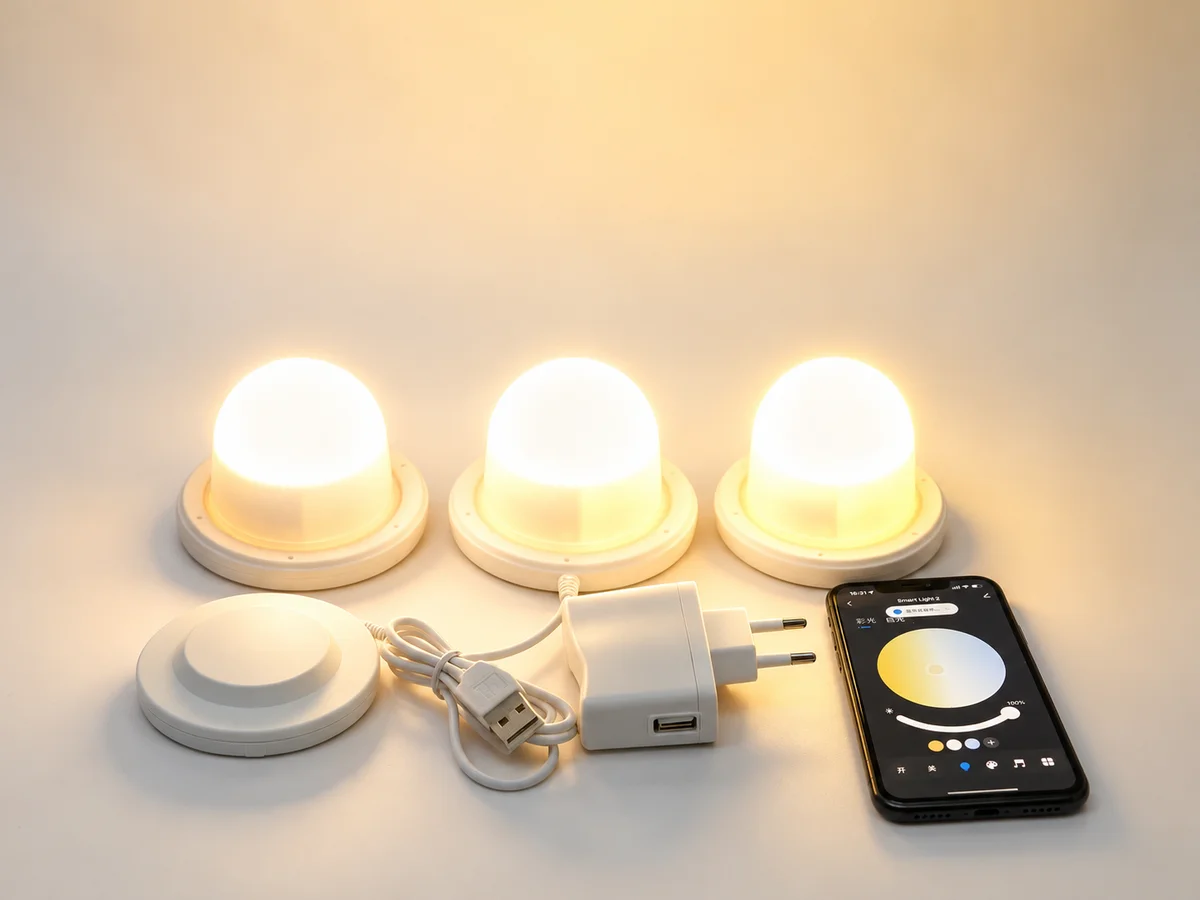 Three illuminated LED modules with charging accessories and a smartphone control screen, shown as an illustration