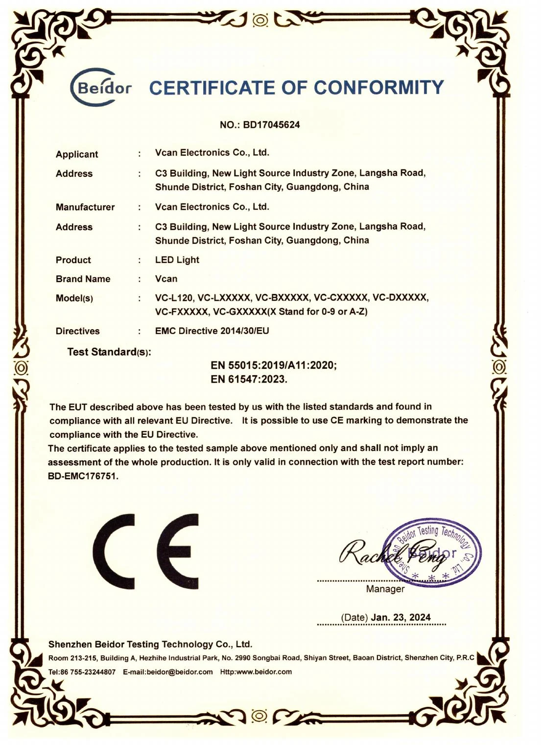 Vcan LED Light CE / EMC certificate BD17045624, issued by Beidor on 23 January 2024