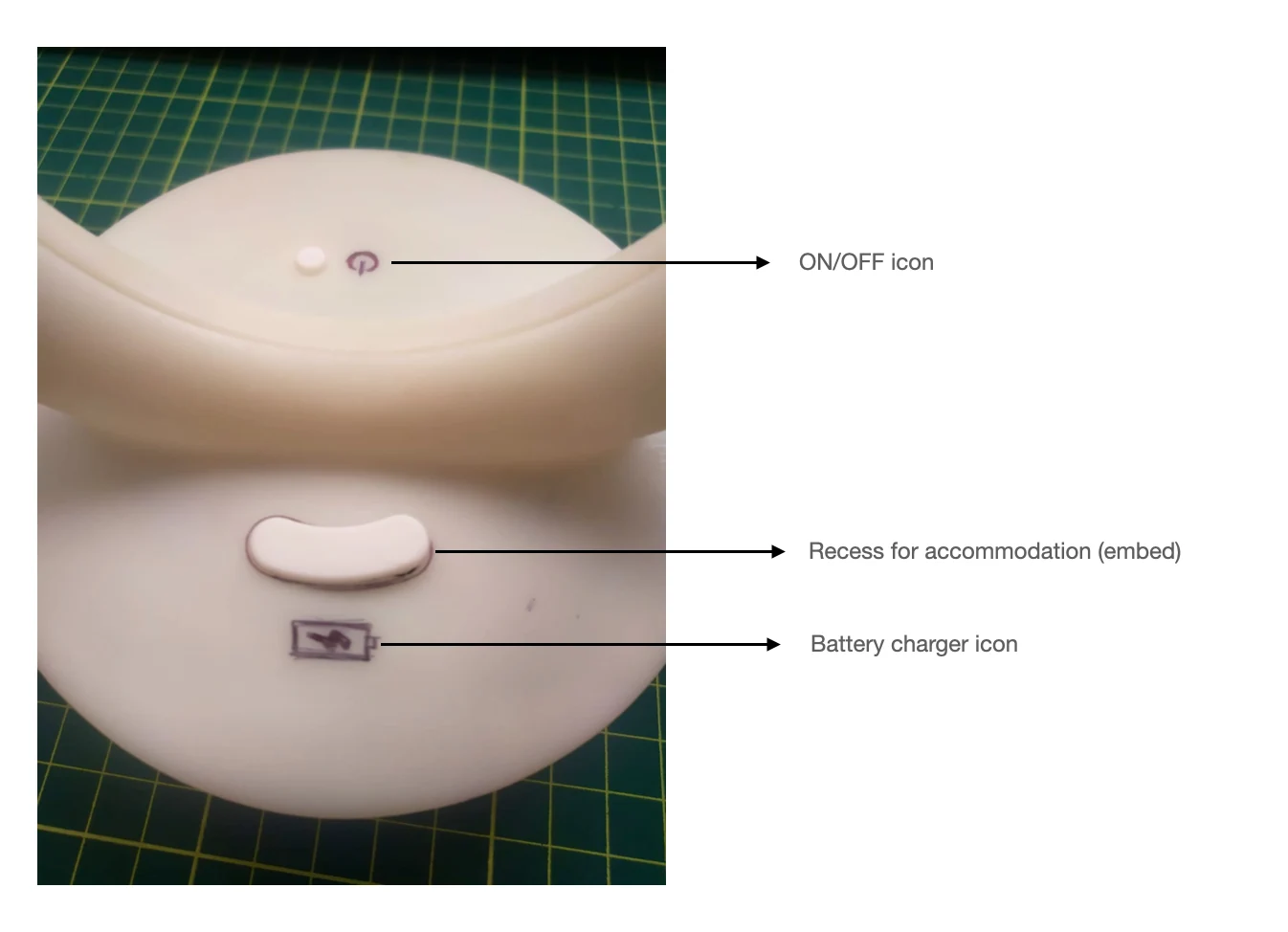 White prototype with annotations identifying the power button, charging recess and charging icon