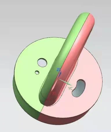 Early split CAD view of the ring handle base with openings for the controls and charging interface