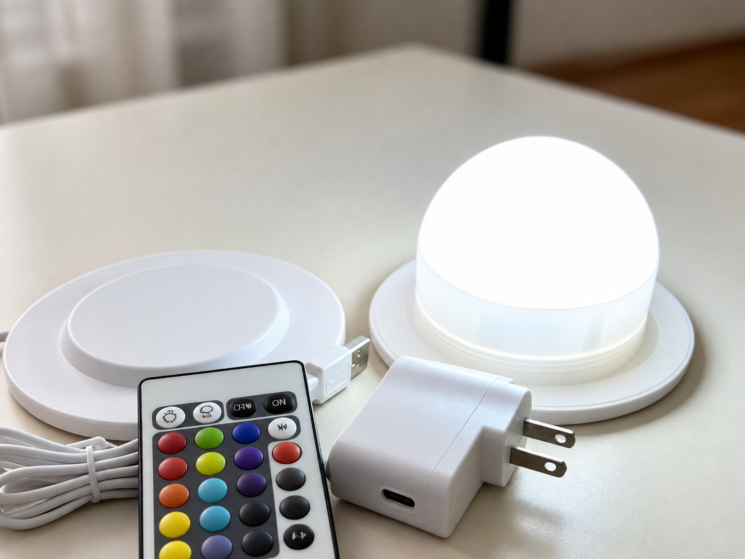 Direct-charge rechargeable LED module kit with remote, USB cable and wall adapter