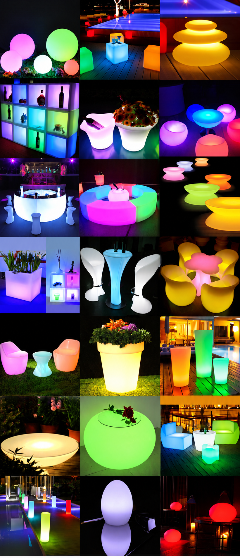 Archived Vcan application collage including illuminated flowerpots and other PE furniture
