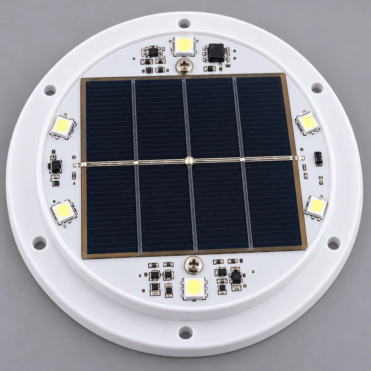 VC-LS120-01 solar panel and LED circuit close-up — edited illustration with transparent cover removed
