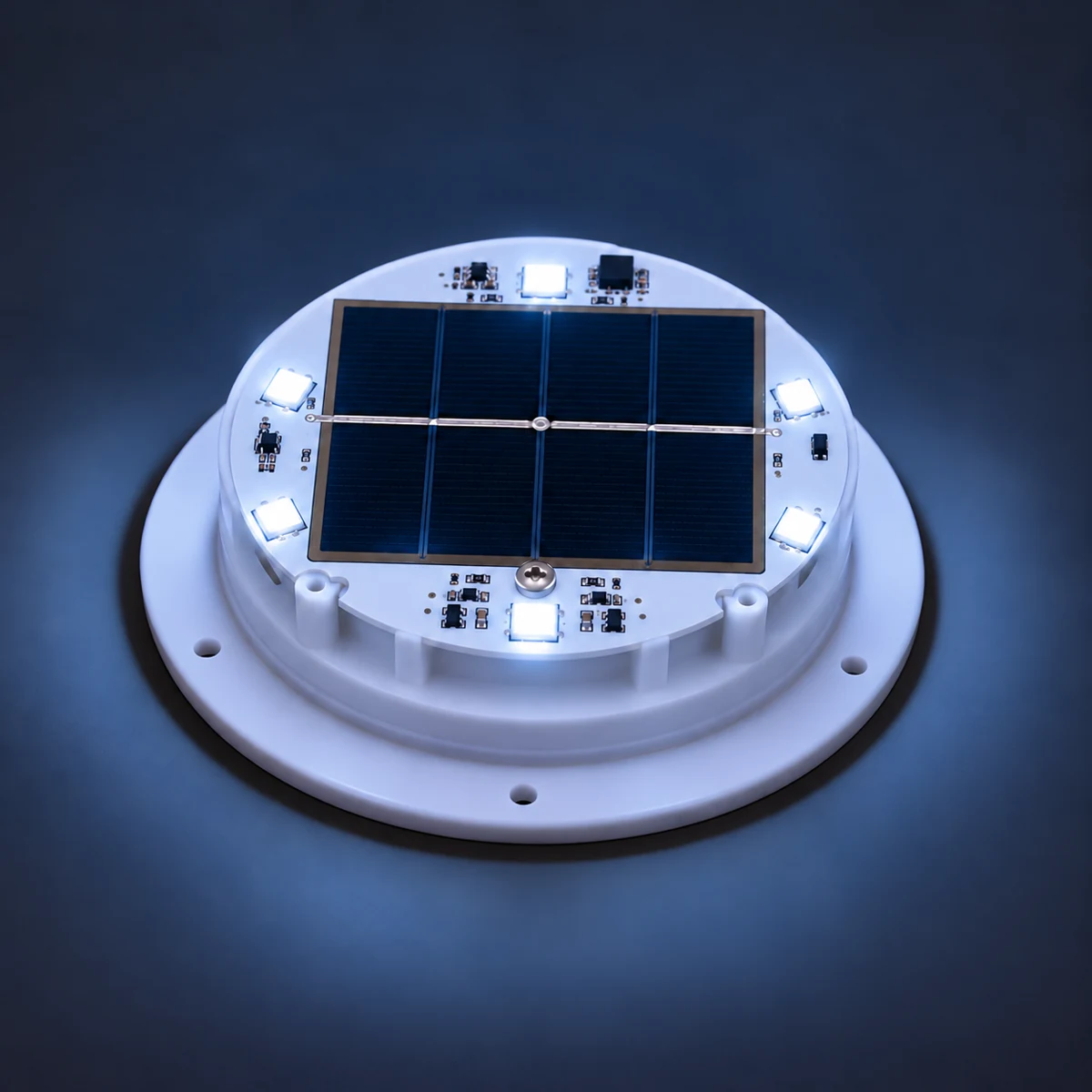 VC-LS120-01 solar LED unit illuminated in white — edited illustration with transparent cover removed