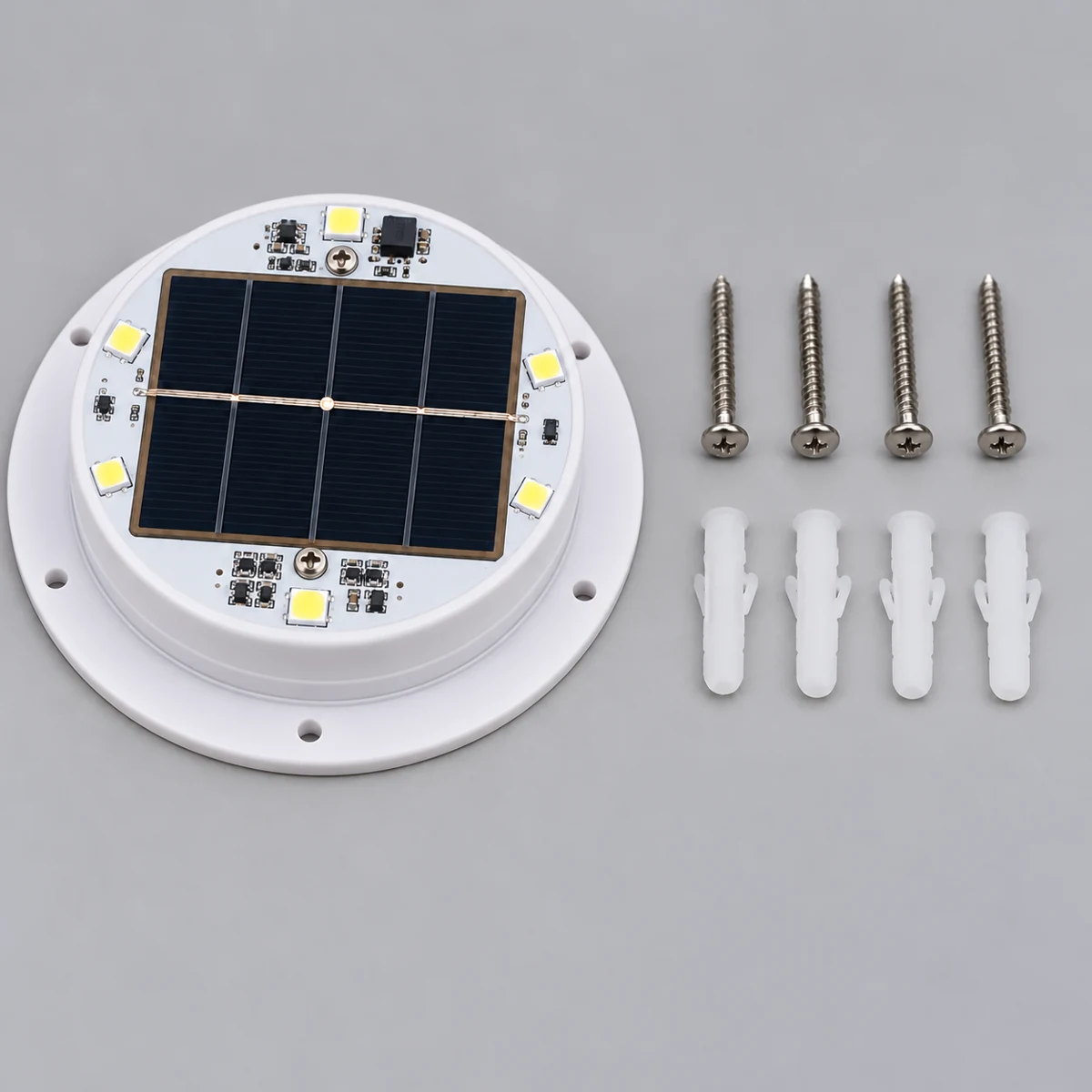 VC-LS120-01 solar light unit with mounting screws and anchors — edited illustration with transparent cover removed