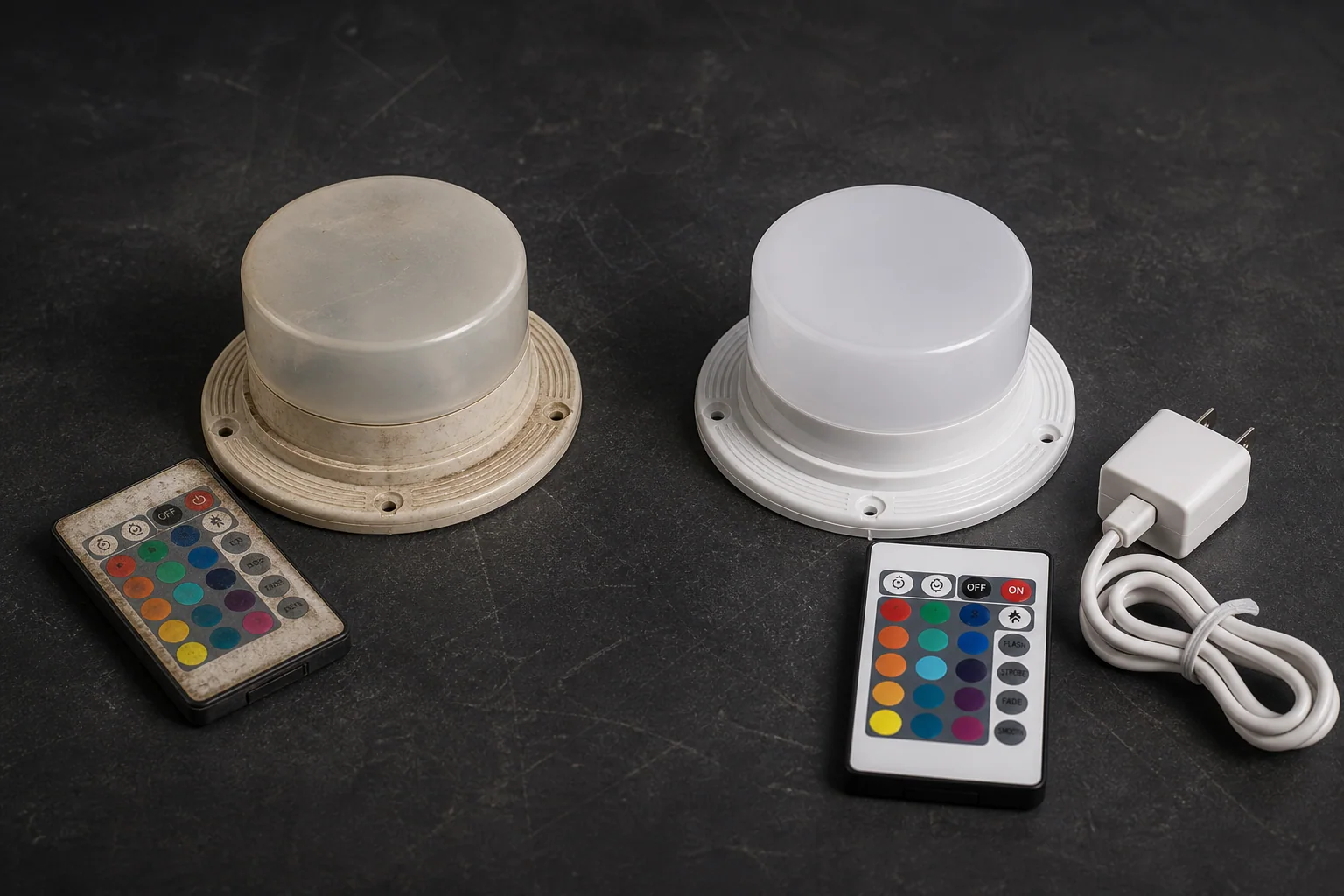 Used LED furniture light compared with a new rechargeable replacement module