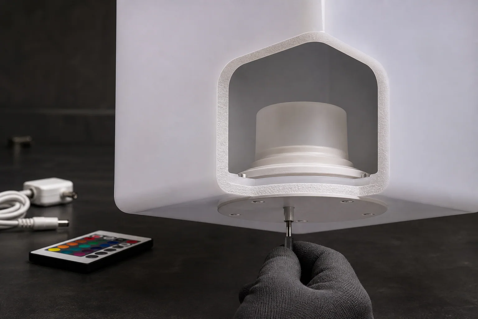 Cutaway showing an LED module installed inside hollow PE furniture